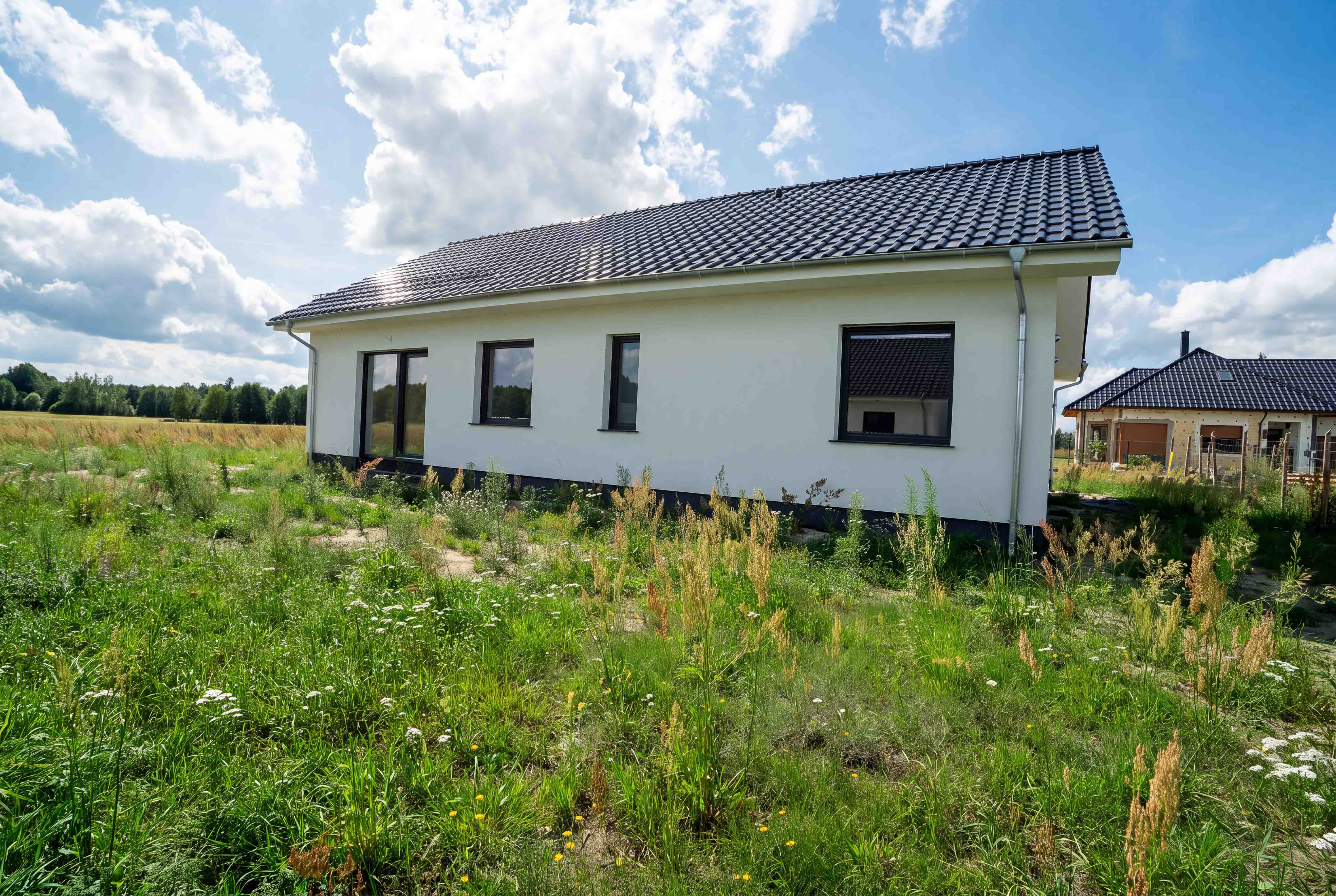 Nowy dom parterowy z garażem, 97 m² — Ochla — Elewacja i działka