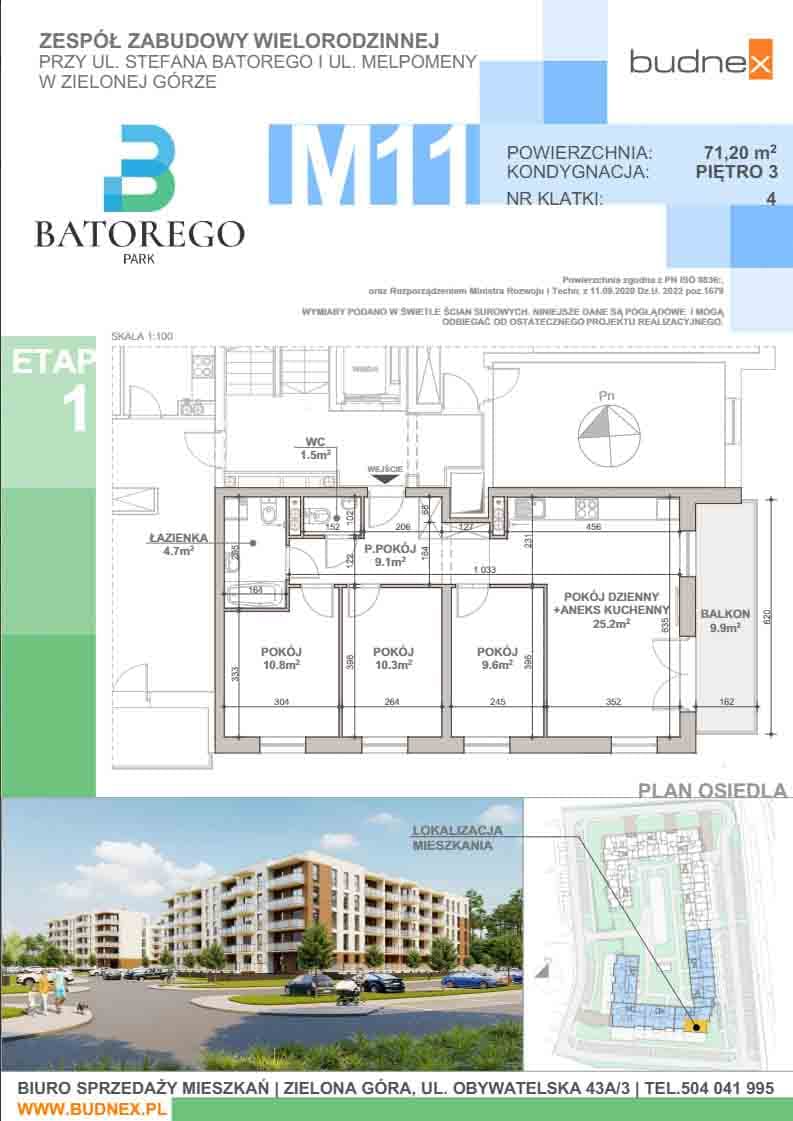 Rzut mieszkania kl.4 m.11, 4 pokoje, 71,2 m²